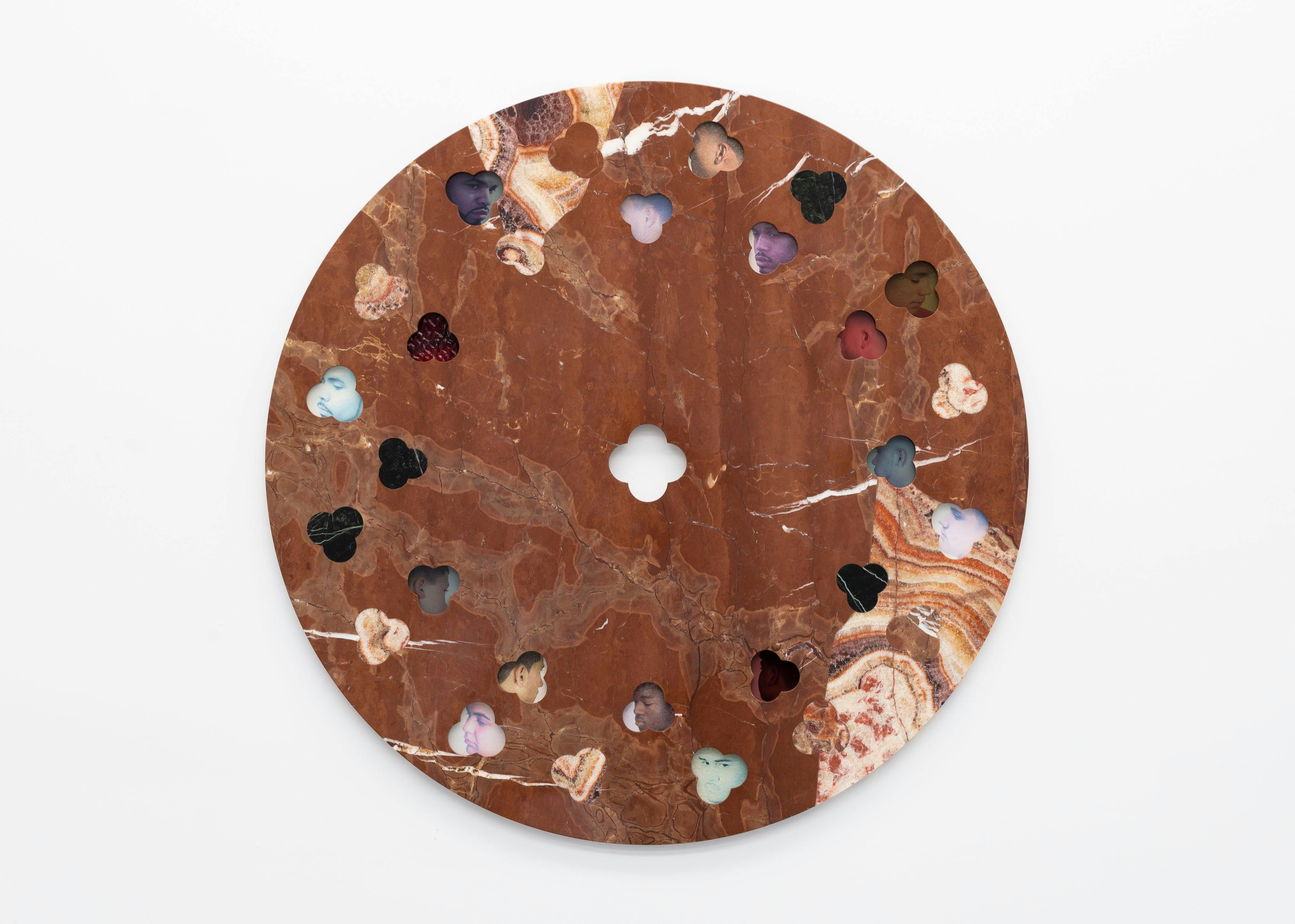 Rose Window (Rossa Alicante), 2022, Rosso Alicante marble, red onyx, Verias green marble, found barbershop posters, 36 in diameter, Photographer: Jesse Boles