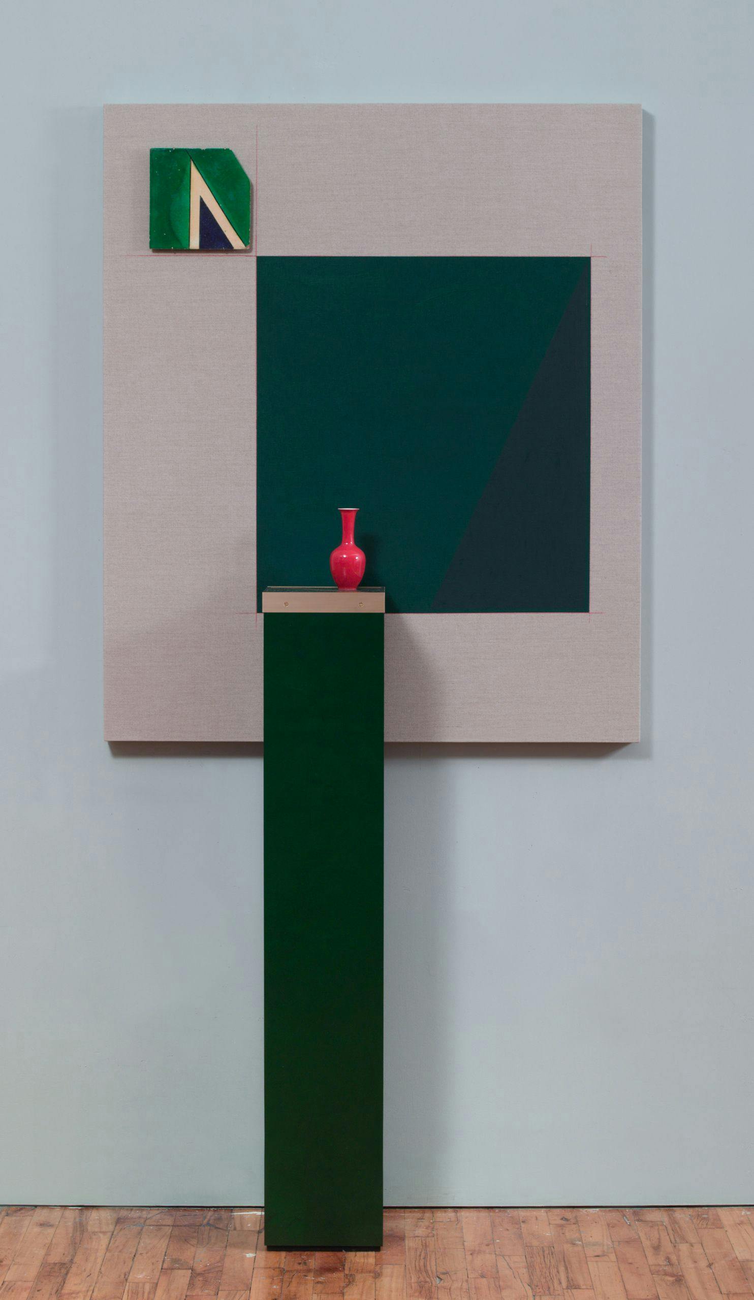 Green Movement, 2017, Panel: oil and pencil on linen; Pedestal: wood, brass, terrazzo; ceramic, Panel: 50 x 42 inches, Pedestal: 50 x 9 x 9 in