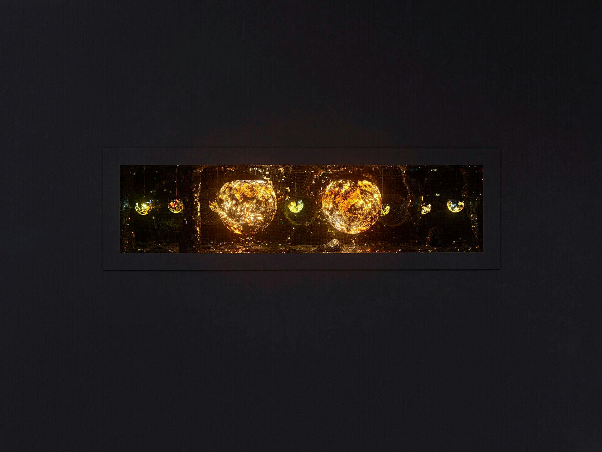 Comfort Zone (It’s Easy to Fall in Love with Fire), 2019, wood, glass mosaic tiles, glass, plastic, resin, LEDS, carving foam, plaster, plexiglas, gummi bears, 14 x 49.5 x 14 in